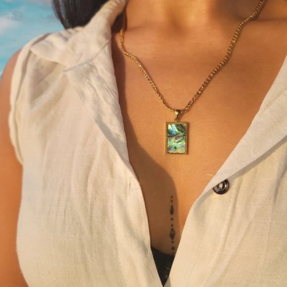 ABALONE SHELL BEAUTIFUL STATEMENT Necklace Abalone Shell Pendant Cuban Figaro - Picture 9 of 14